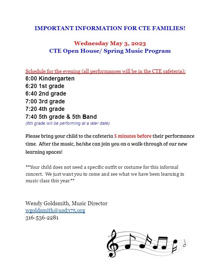 CTE Open House/Ribbon Cutting/Spring Music Program!! #thrivein375